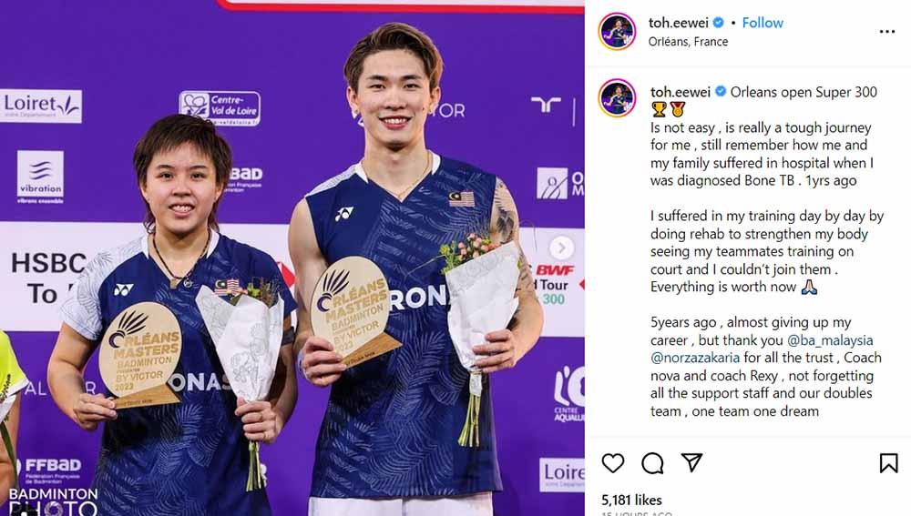 Pasangan ganda campuran Malaysia, Chen Tang Jie/Toh Ee Wei juara di Orleans Masters 2023. (Foto: Instagram@toh.eewei) - INDOSPORT