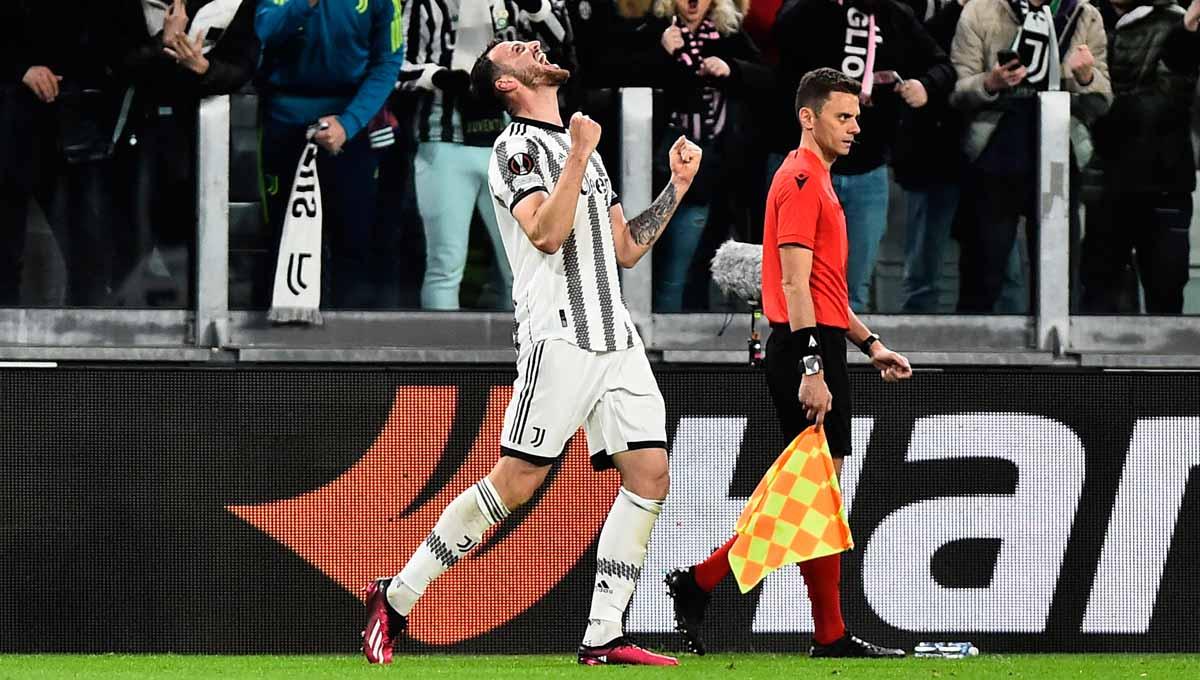 Bek Juventus, Federico Gatti usai mencetak gol di Liga Europa kontra Sporting CP.(Foto: REUTERS/Massimo Pinca) - INDOSPORT