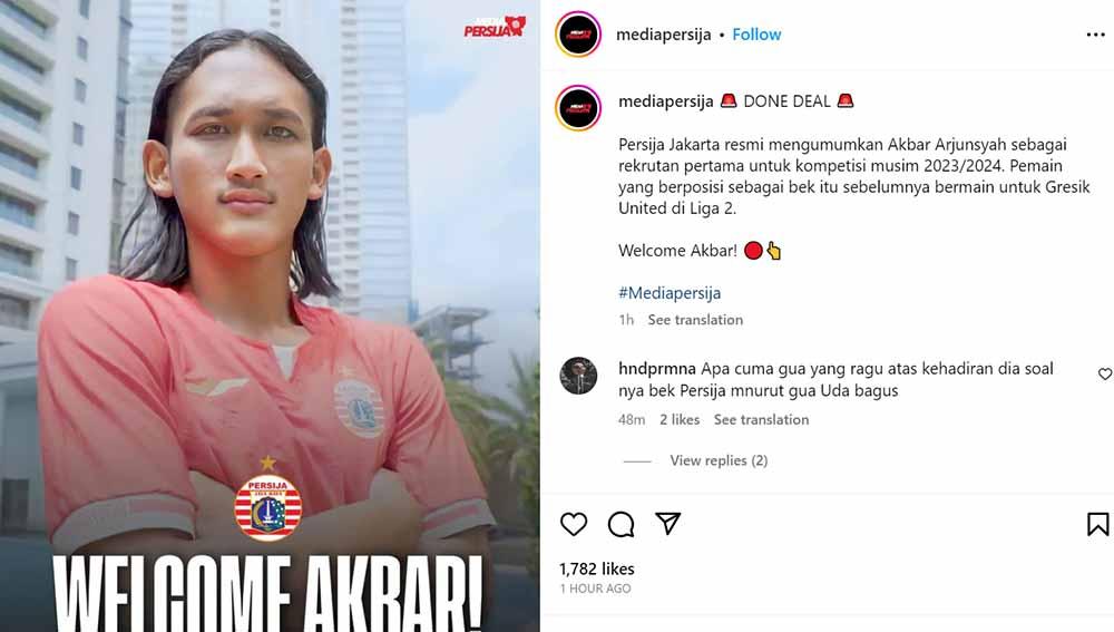 Raksasa Liga 1, Persija Jakarta, resmi mengumumkan rekrutan terbarunya untuk musim depan, yakni pemain muda bernama Akbar Arjunsyah.