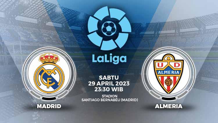 Link live streaming Real Madrid vs Almeria dalam ajang Liga Spanyol (LaLiga), yang berlangsung di Santiago Bernabue, Sabtu (29/04/23) pukul 23.30 WIB.