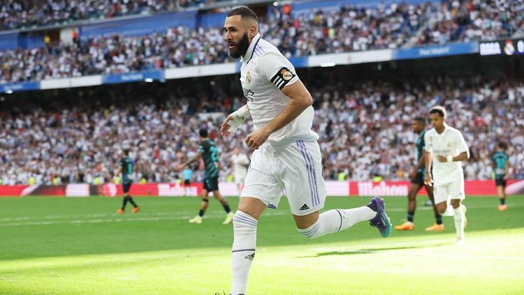 Selebrasi Karim Benzema di laga Liga Spanyol antara Real Madrid vs Almeria. REUTERS/Isabel Infantes - INDOSPORT