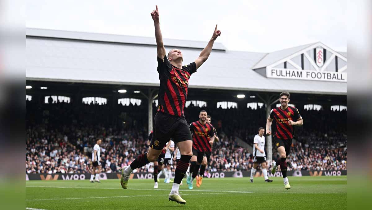 Selebrasi pemain Manchester City Erling Haaland merayakan gol pertamanya usai mencetak ke gawang Fulham, Minggu (30/04/23). (Foto: REUTERS/Dylan Martinez)