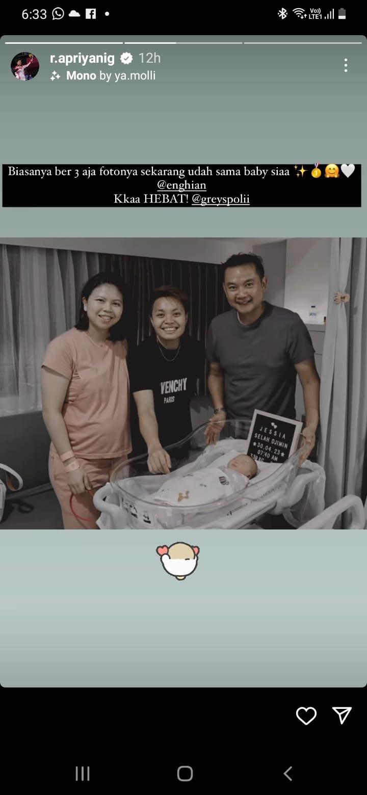 Apriyani Rahayu jenguk Greysia Polii yang baru lahirkan anak pertama. Copyright: instagram story @r.apriyanig