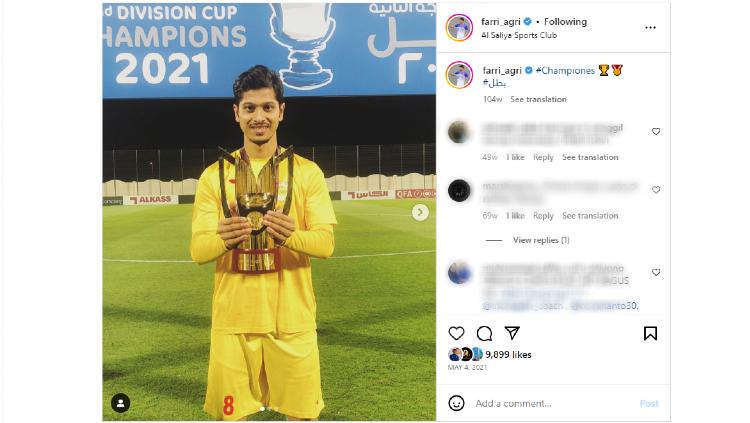 Pencapaian manis berhasil ditorehkann salah satu pemain asal Indonesia, Farri Agri yang mampu membawa timnya Muaither SC menjuarai Liga Qatar musim ini. - INDOSPORT