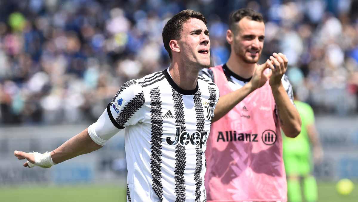 Selebrasi pemain Juventus, Dusan Vlahovic melakukan selebrasi usai pertandingan. (Foto: REUTERS/Massimo Pinca) - INDOSPORT
