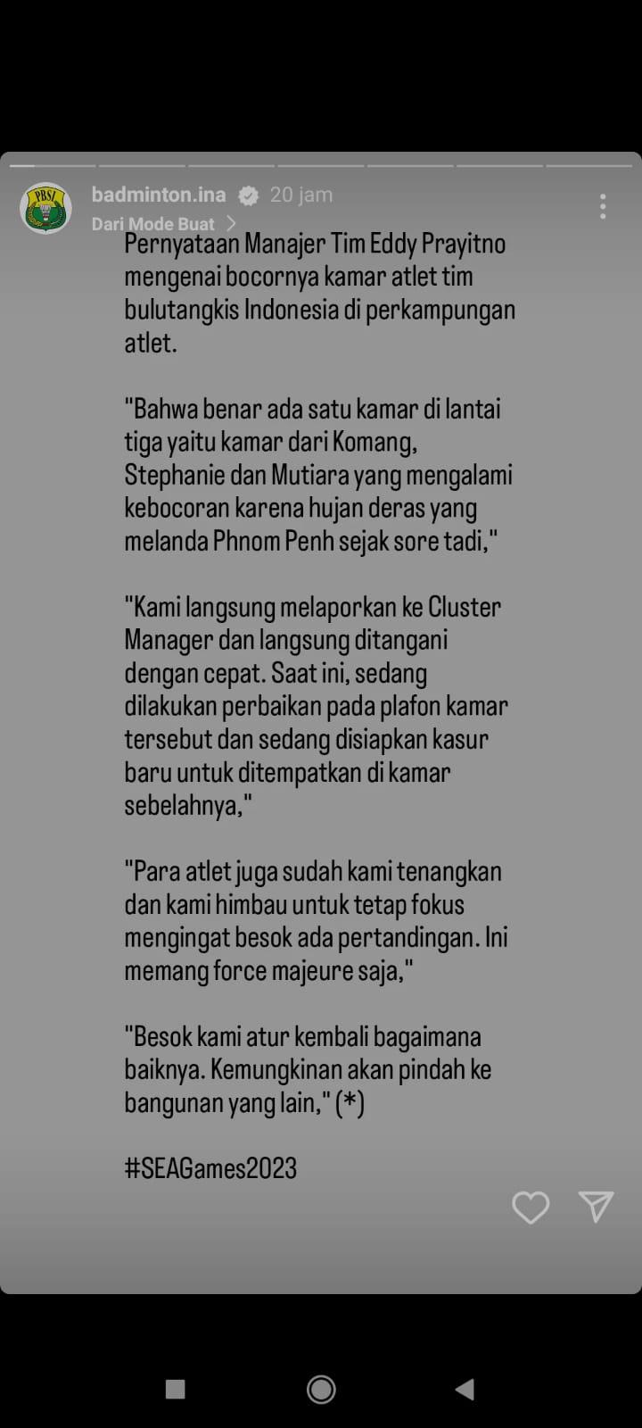 Persatuan Bulutangkis Seluruh Indonesia (PBSI) buka suara soal insiden kamar bocor di tim putri Indonesia di SEA Games. Copyright: Instagram @Badminton.ina