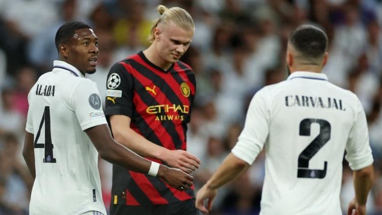 Erling Haaland di laga leg pertama semifinal Liga Champions Real Madrid vs Manchester City, Rabu (10/05/23) dini hari WIB. Foto: REUTERS/Isabel Infantes.