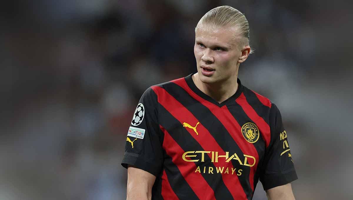 Pemain Manchester City, Erling Haaland, jadi bahan olok-olok usai bawa Manchester City juara Piala Super Eropa 2023, Kamis (17/08/23). (Foto: REUTERS/Isabel Infantes)
