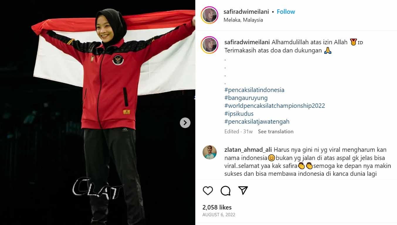 Pesilat Indonesia, Safira Dwi Meilani, akhirnya meraih medali emas cabang olahraga pencak silat SEA Games 2023 untuk women tanding class B. (Foto: Instagram@safiradwimeilani) - INDOSPORT
