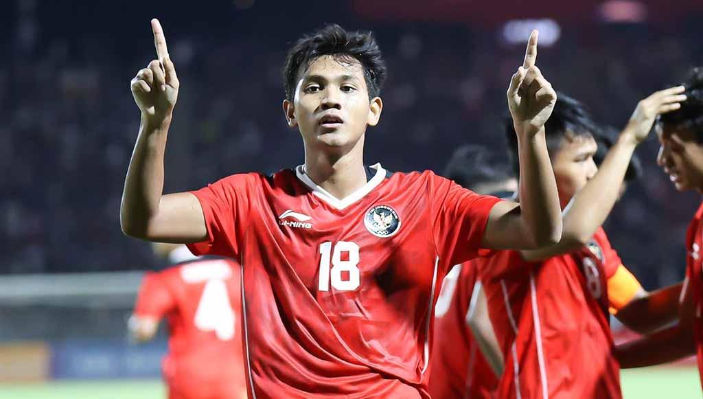 Selebrasi pemain Timnas Indonesia, Titan Agung merayakan golnya di laga Kamboja U-22 vs Timnas Indonesia U-22, SEA GAMES 2023. (Foto: PSSI) - INDOSPORT