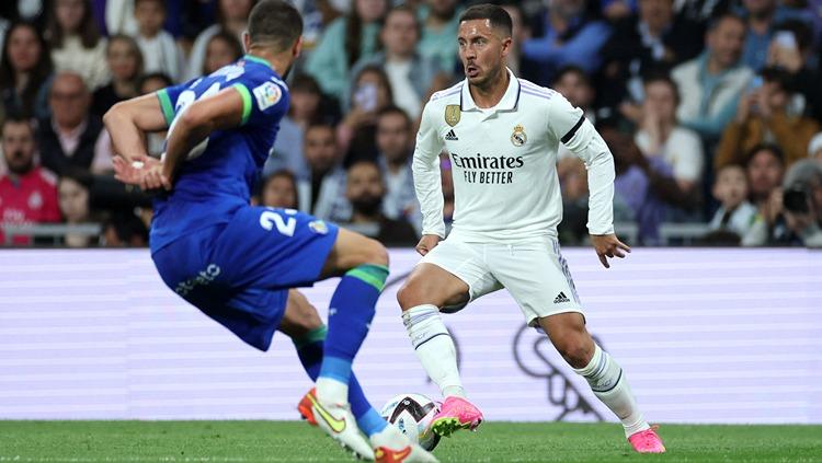Aksi Eden Hazard di laga Real Madrid vs Getafe (14/05/23). (Foto:REUTERS/Isabel Infantes)