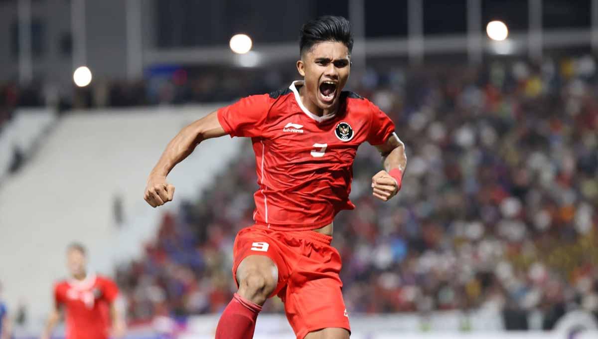 Selebrasi pemain Timnas Indonesia U-22, Ramadhan Sananta usai mencetak gol ke gawang Thailand, Selasa (16/05/23).