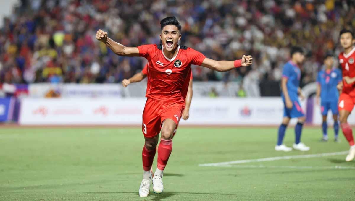 Selebrasi pemain Timnas Indonesia, Ramadhan Sananta usai mencetak gol ke gawang Thailand di SEA Games 2023, Selasa (16/05/23).