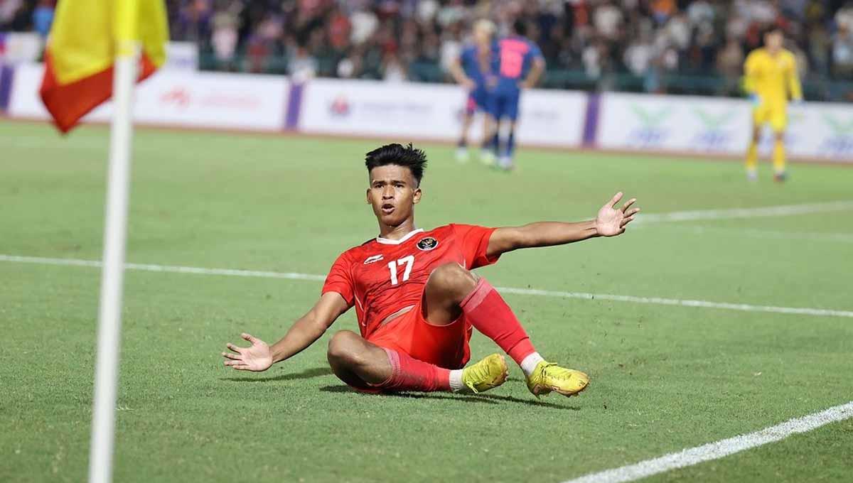 Selebrasi pemain Timnas Indonesia U-22, Irfan Jauhari usai mencetak gol ke gawang Thailand di SEA Games 2023., Selasa (16/05/23).