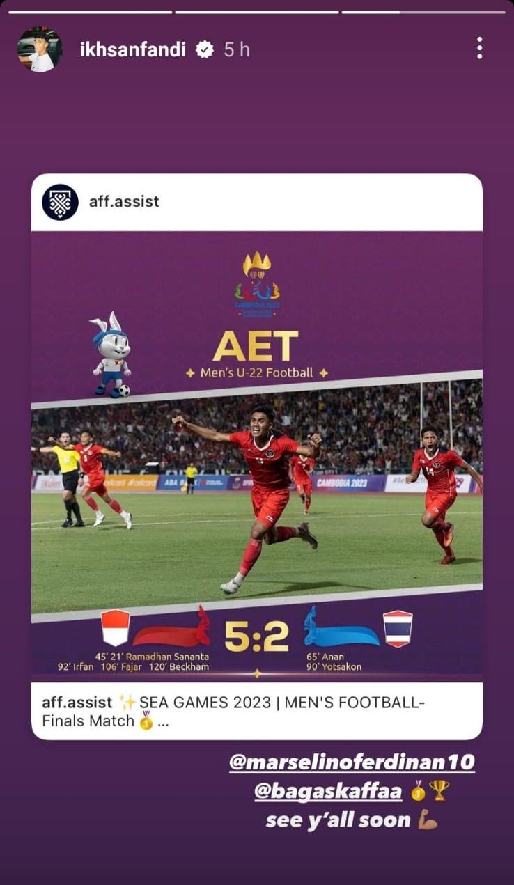 Ikhsan Fandi mengucapkan selamat untuk pemain Timnas Indonesia U-22, usai juara SEA Games 2023 (Foto: Instagram @ikhsanfandi). Copyright: Instagram @ikhsanfandi