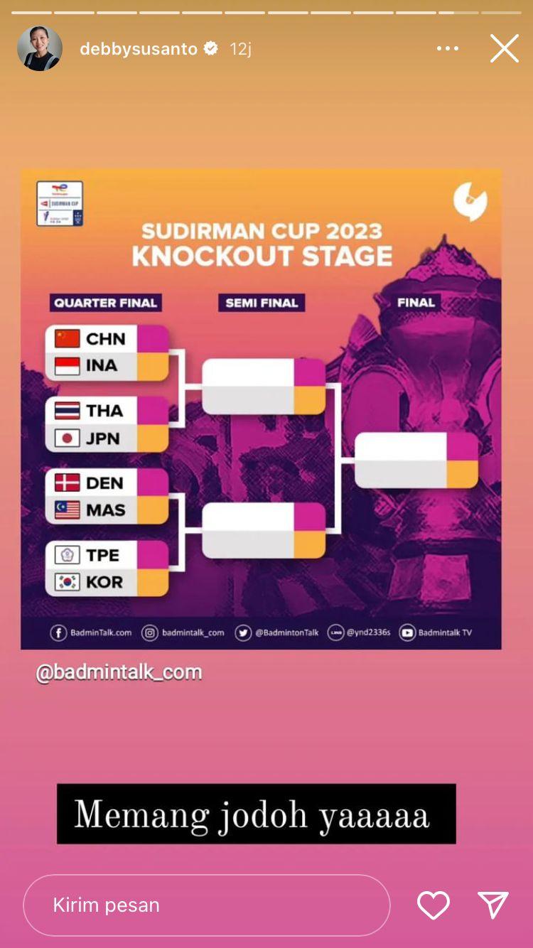 Debby Susanto beri komentar tentang hasil drawing yang mempertemukan Indonesia vs China di perempatfinal Piala Sudirman 2023. Copyright: instagram @debbysusanto
