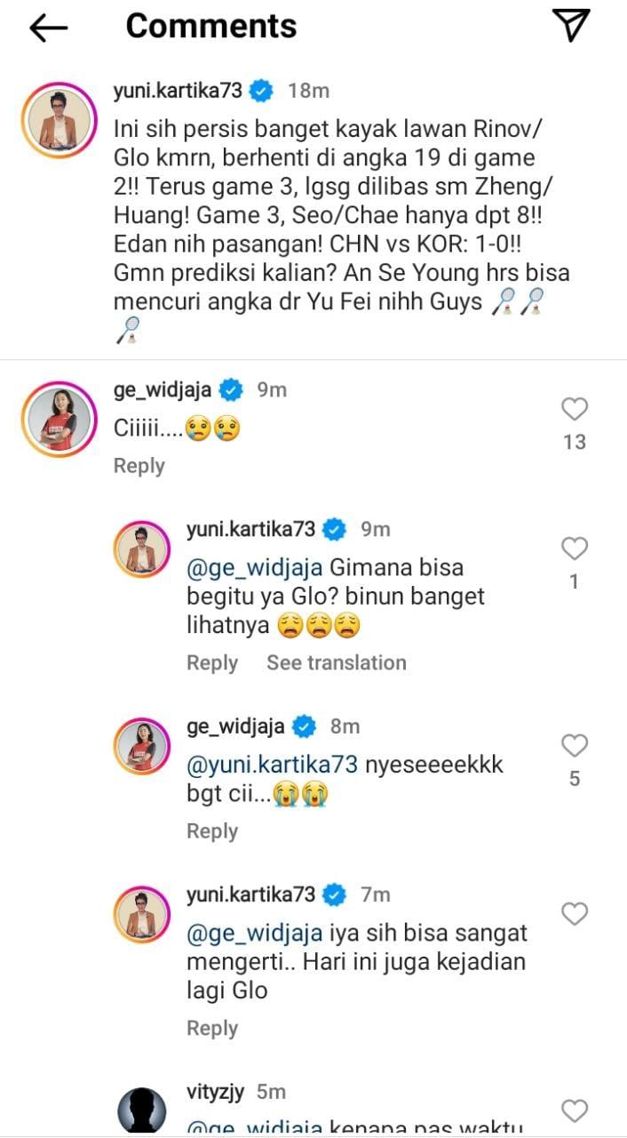 Gloria Emanuelle Widjaja mengomentari unggahan Yuni Kartika soal performa Zheng Siwei/Huang Yaqiong di Piala Sudirman 2023. Copyright: Instagram/Yuni Kartika