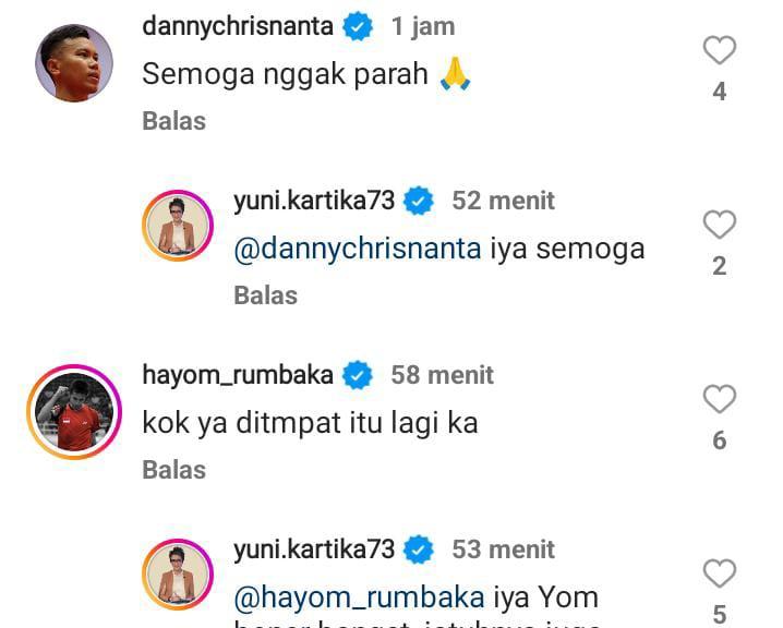 Christian Adinata cedera di Malaysia Masters 2023, Hayom Rumbaka ikut berkomentar pilu di instagram presenter cantik Yuni Kartika. Copyright: instagram @yuni.kartika73