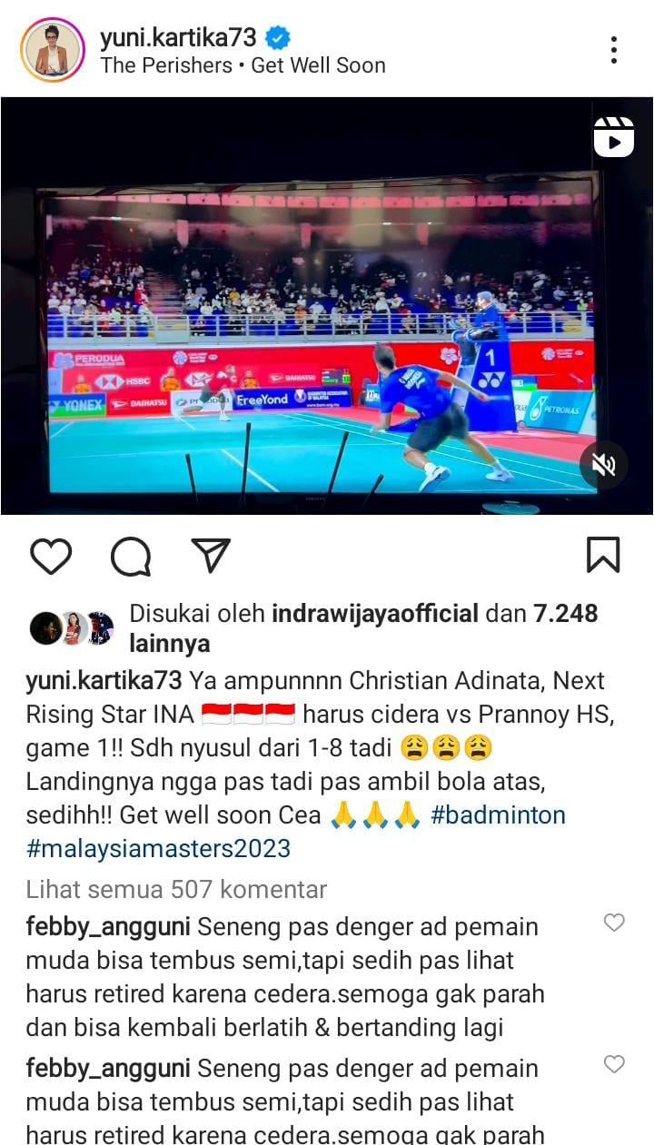 Yuni Kartika berkomentar pilu menyaksikan Christian Adinata cedera di Malaysia Masters 2023. Copyright: instagram @yuni.kartika73