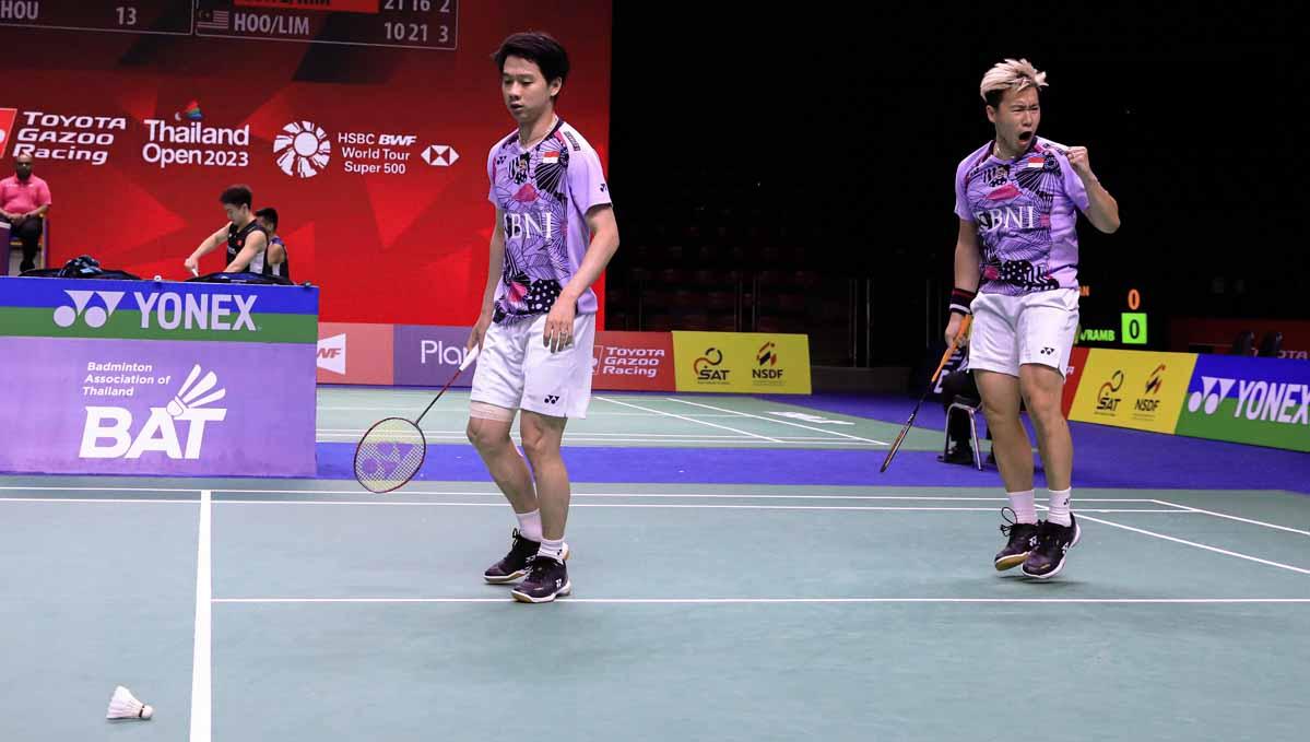Pasangan ganda putra Indonesia, Kevin Sanjaya/Marcus Gideon di Thailand Open 2023. (Foto: PBSI)