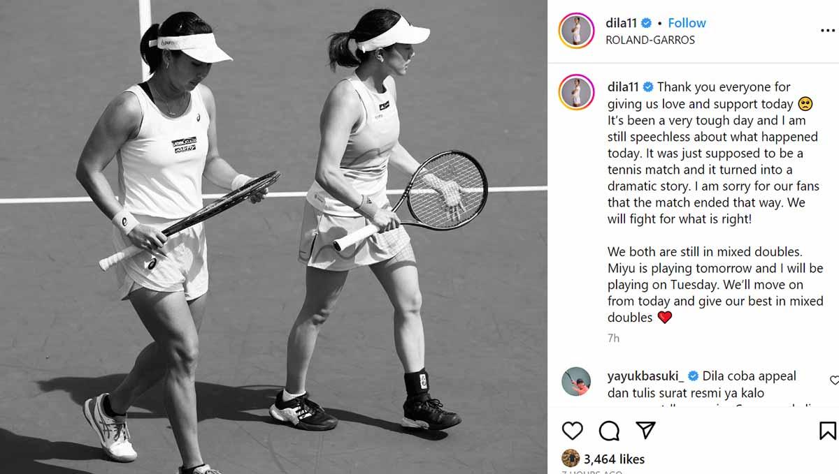 Legenda tenis Indonesia, Yayuk Basuki beri saran Aldila Sutjiadi ajukan banding usai didiskualifikasi dari French Open. (Foto: Instagram@dila11)