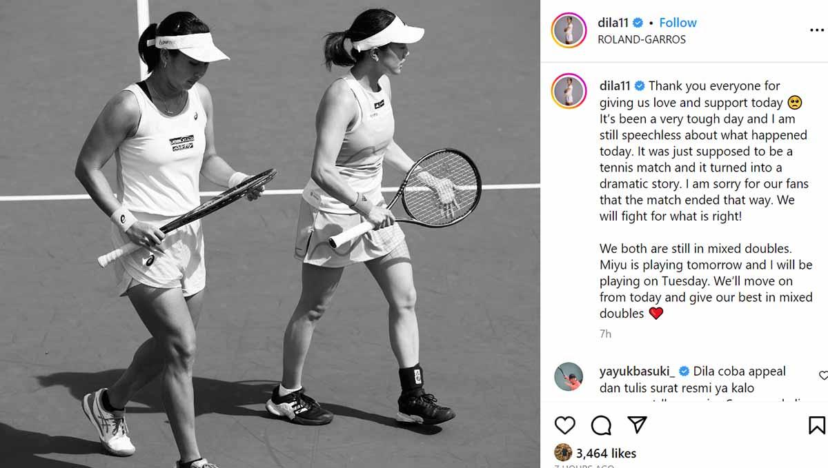 Legenda tenis Indonesia, Yayuk Basuki beri saran Aldila Sutjiadi ajukan banding usai didiskualifikasi dari French Open. (Foto: Instagram@dila11) - INDOSPORT