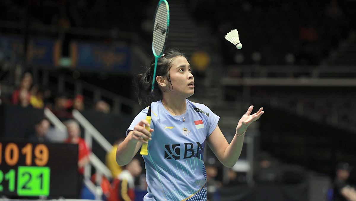 Gregoria Mariska memberikan respons usai Mutiara Ayu Puspitasari menggapai emas Badminton Asia Junior Championships atau Kejuaraan Asia Junior 2023. - INDOSPORT