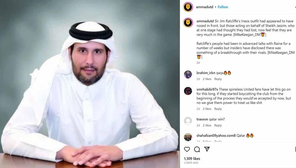 Proses pengambilalihan Manchester United oleh Sheikh Jassim masih berlanjut, seperti diungkap oleh pakar bursa transfer, Fabrizio Romano. (Foto: Instagram@ammadutd) - INDOSPORT
