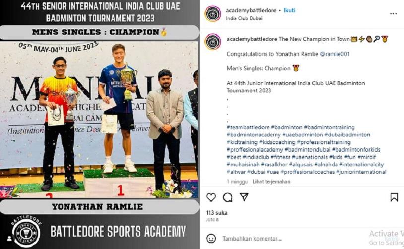 Tunggal putra, Yonathan Ramlie raih gelar juara di Dubai usai diisukan hengkang dari PBSI. (Foto: Instagram@academybattledore) Copyright: instagram @academybattledore