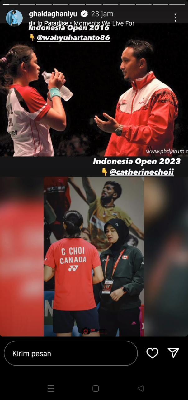 Eks bintang tunggal putri PBSI, Ghaida Nurul Ghaniyu, jadi pelatih Kanada di Indonesia Open 2023. Copyright: instagram story @ghaidaghaniyu