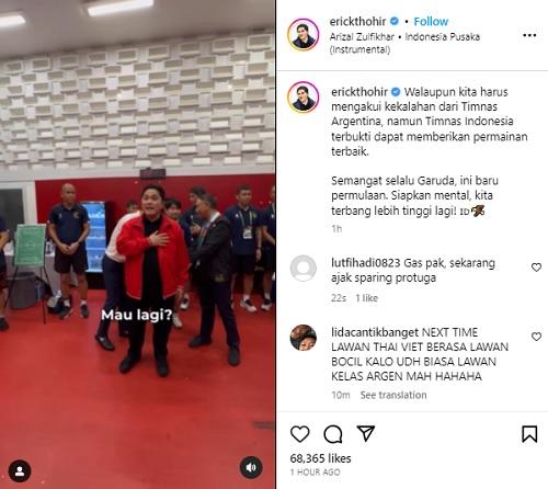 Unggahan Erick Thohir di media sosial Instagram pasca laga Timnas Indonesia vs Argentina. (Foto: instagram@erickthohir) Copyright: instagram@erickthohir