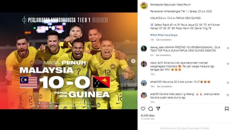 Timnas Malaysia menang 10-0 atas Papua Nugini. Foto: instagram/famalaysia.