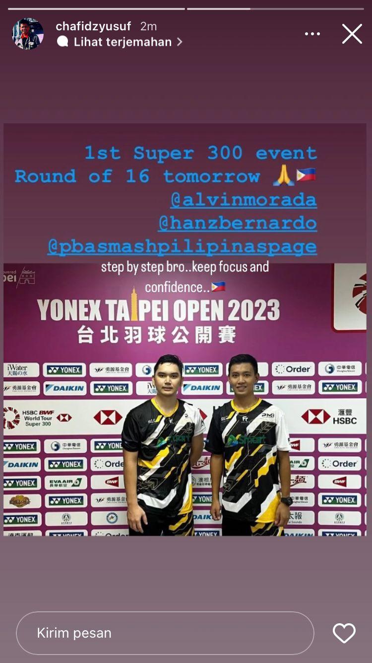 Chafidz Yusuf bawa ganda Filipina Christian Bernardo/Alvin Morada cetak sejarah di Taipei Open 2023. Copyright: instagram @chafidzyusuf