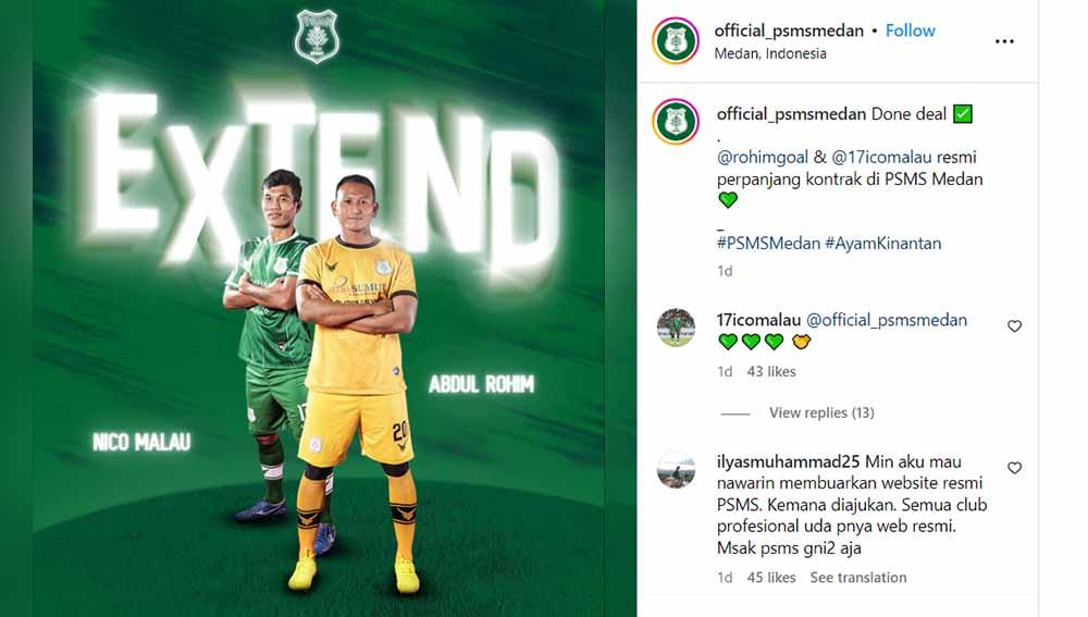 PSMS Medan perpanjang kontrak Nico Malau dan Abdul Rohim untuk Liga 2 2023. (Foto: Instagram@official_psmsmedan)