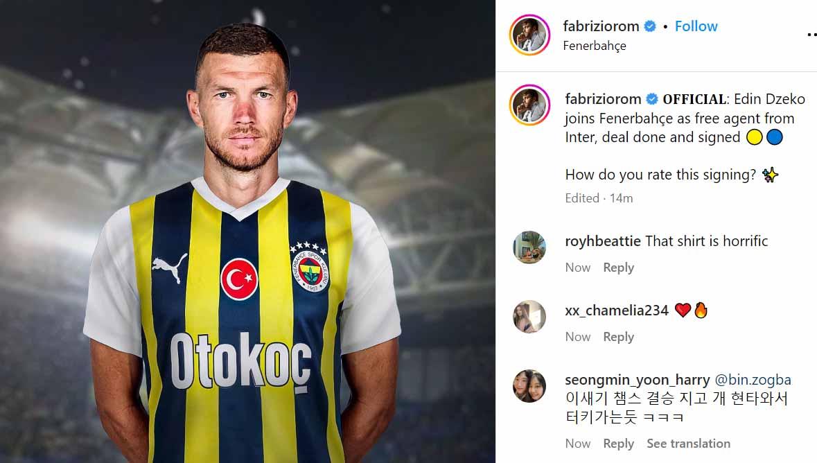 Edin Dzeko resmi meninggalkan Inter Milan untuk bergabung dengan Fenerbahce jelang dibukanya bursa transfer musim panas ini. (Foto: Instagram@fabriziorom)