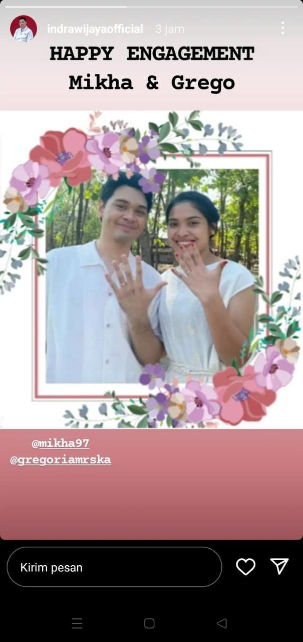 Pelatih tunggal putra PBSI, Indra Wijaya, beri ucapan selamat atas pertunangan Gregoria Mariska dan Mikha Angelo. Copyright: Instagram Story @indrawijayaofficial