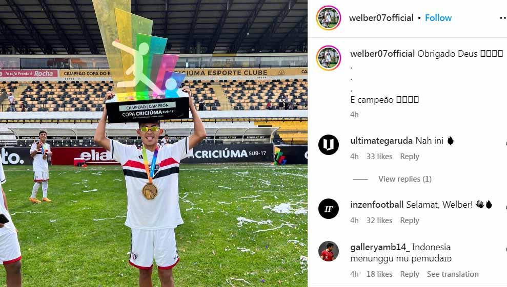 Siap membela Timnas Indonesia di Piala Dunia U-17 2023, pemain berdarah Indonesia dari Brasil, Welberlieskott de Halim Jardim meraih gelar juara di Brasil. (Foto: Instagram@welber07official) - INDOSPORT