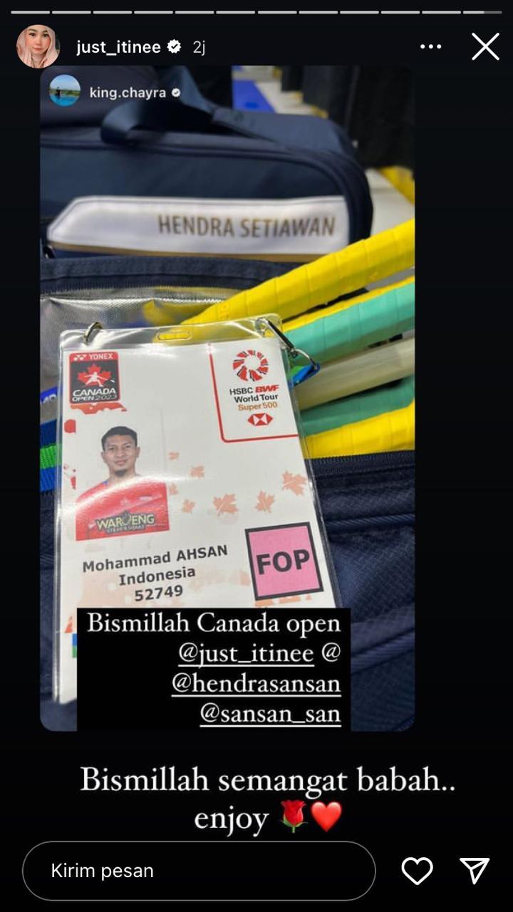 Mohammad Ahsan dapat ucapan semangat dari sang istri, Christine Novitania, jelang Canada Open 2023. Copyright: instagram @just_itinee