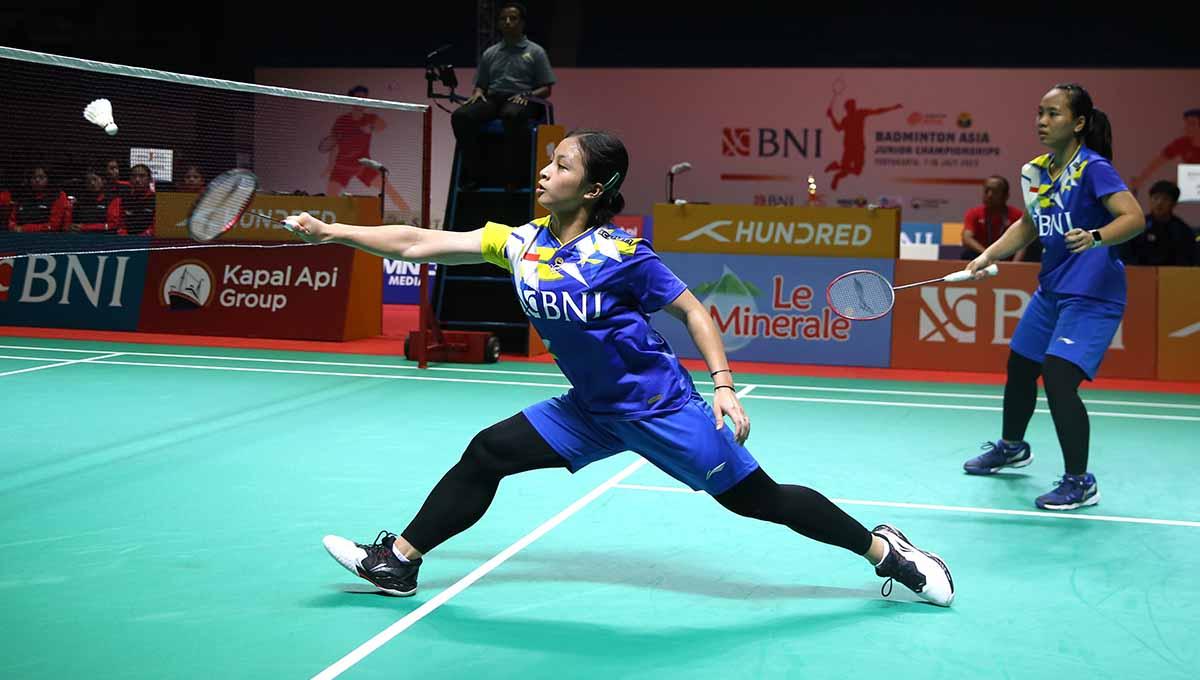 Pasangan ganda putri Indonesia, Anisanaya Kamila/Az Zahra Ditya Ramadhani di Badminton Asia Junior Championships 2023. (Foto: PBSI)