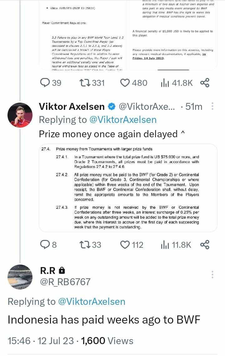 Dewan BWF Bambang Rudyanto klarifikasi soal hadiah Indonesia Open 2023 yang belum diterima Viktor Axelsen. Copyright: Twitter@Bambang Rudyanto