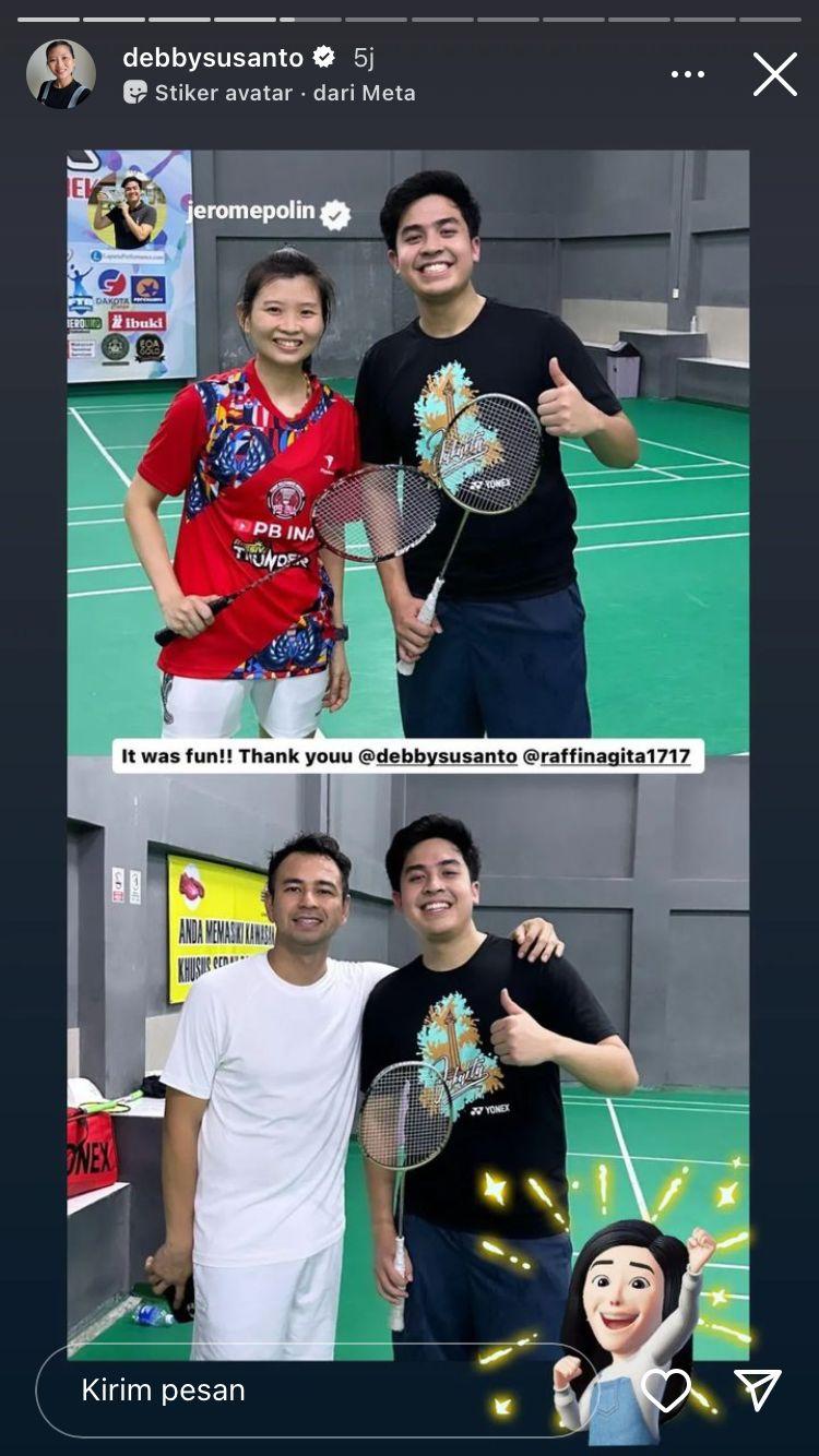 Debby Susanto main bulutangkis bareng Jerome Polin dan Raffi Ahmad. Copyright: instagram @debbysusanto