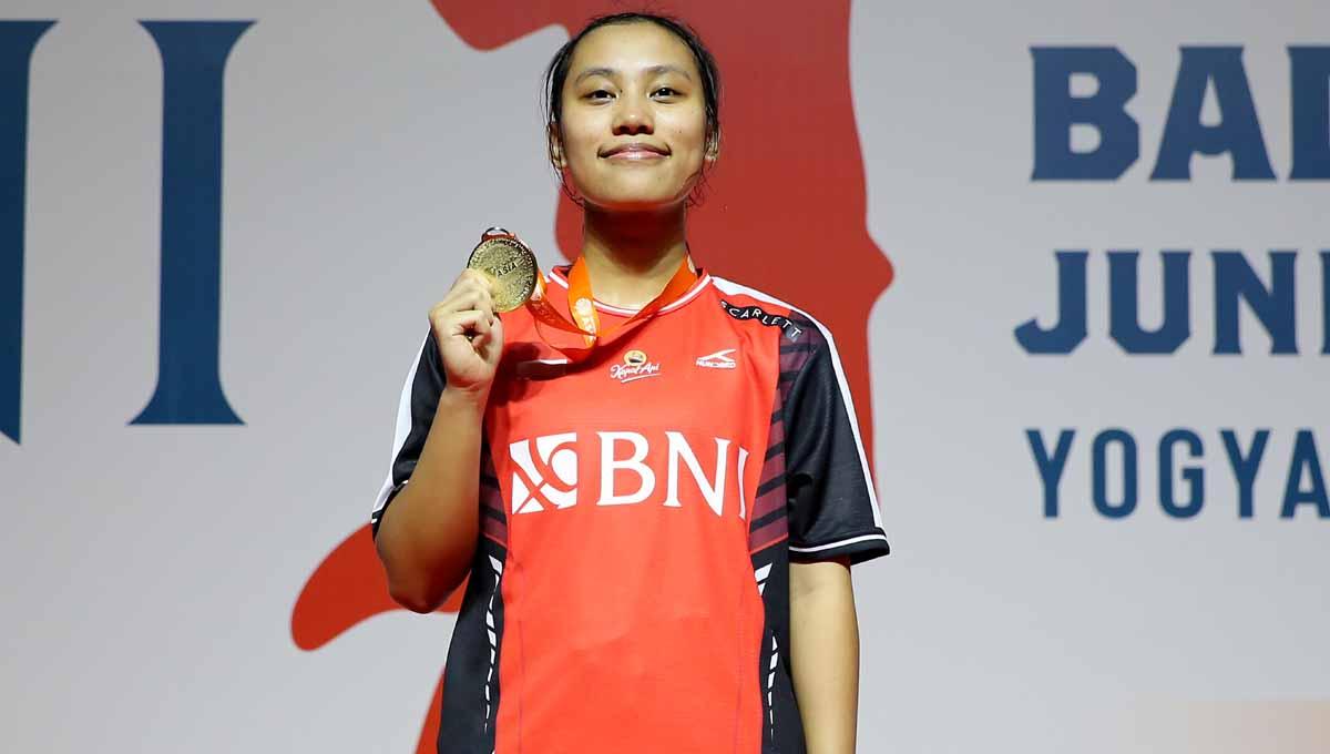 Atlet tunggal putri Indonesia, Mutiara Ayu Puspitasari juara di sektor tunggal putri Badminton Asia Junior Championships (Kejuaraan Asia Junior) 2023 di Among Rogo Sports Hall, Yogyakarta, Minggu (16/07/23). (Foto: PBSI)
