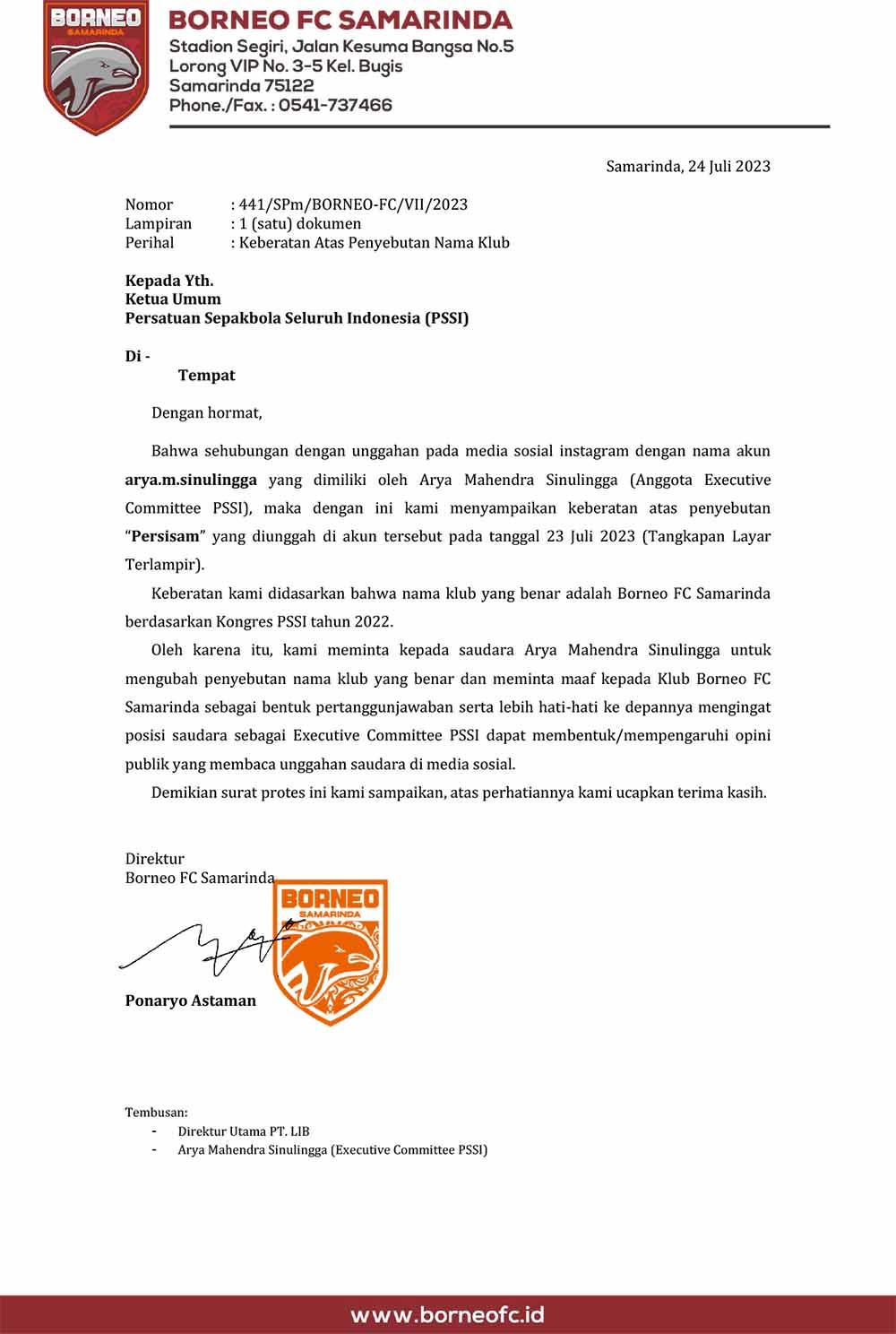 Surat Keberatan Atas Penyebutan Nama Klub. (Foto: Borneo FC) Copyright: Borneo FC