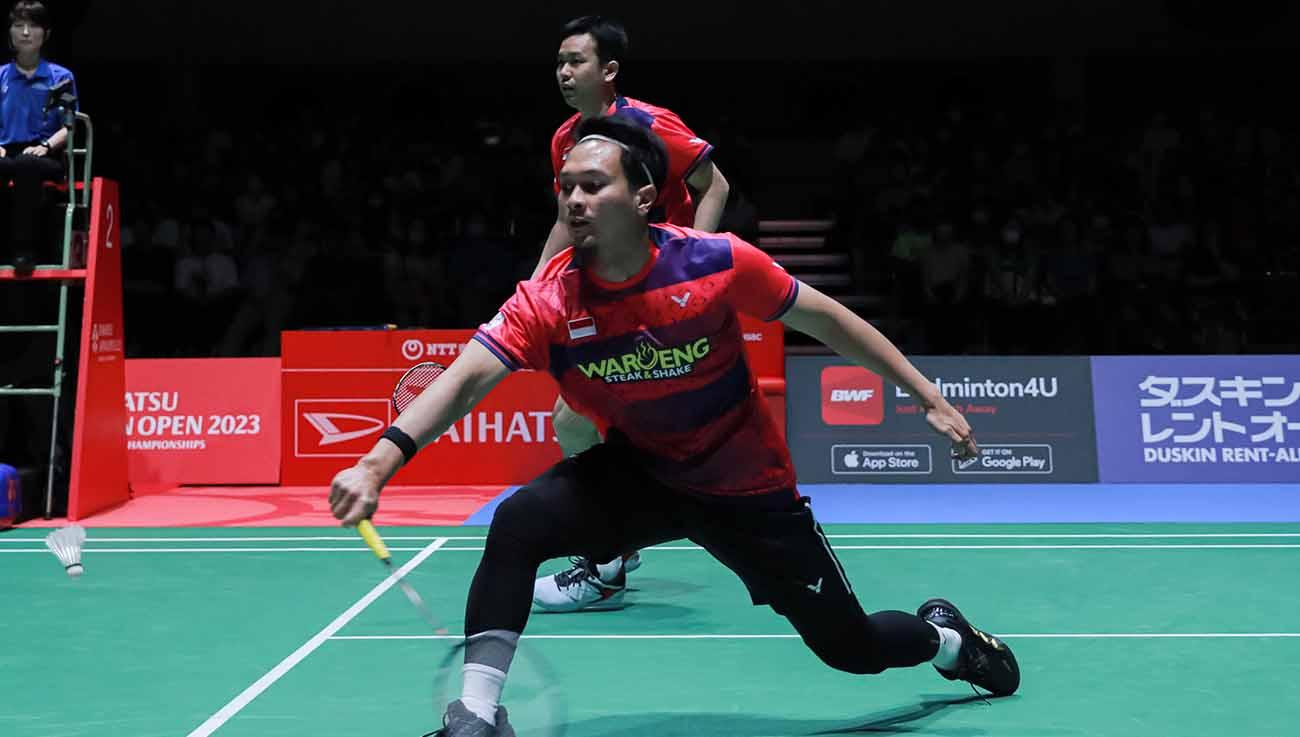 Pasangan ganda putra Indonesia, Hendra Setiawan/Mohamad Ahsan di Japan Open 2023. (Foto: PBSI)