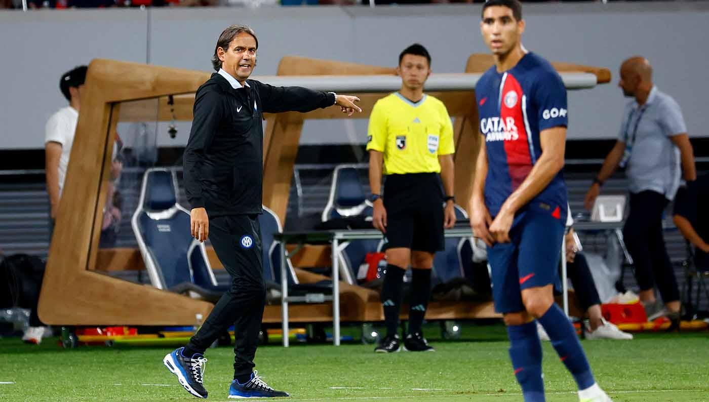 Reaksi Pelatih Inter Milan, Simone Inzaghi pada laga persahabatan melawan Paris Saint-Germain di Stadion Nasional Jepang, Tokyo, Jepang, Selasa (01/08/23). (Foto: REUTERS/Kim Kyung-Hoon)