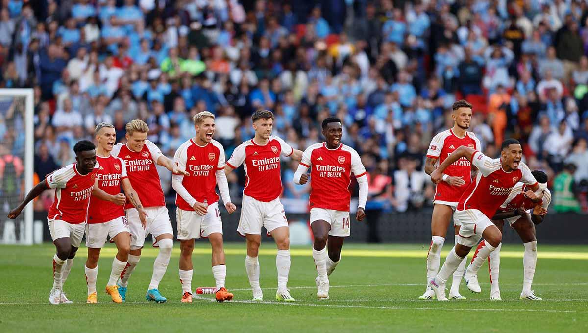 Selebrasi para pemain Arsenal usai memenangkan pertandingan dengan adu penalti di laga Community Shield Manchester City vs Arsenal (06/08/23). (Foto: REUTERS/Peter Cziborra)