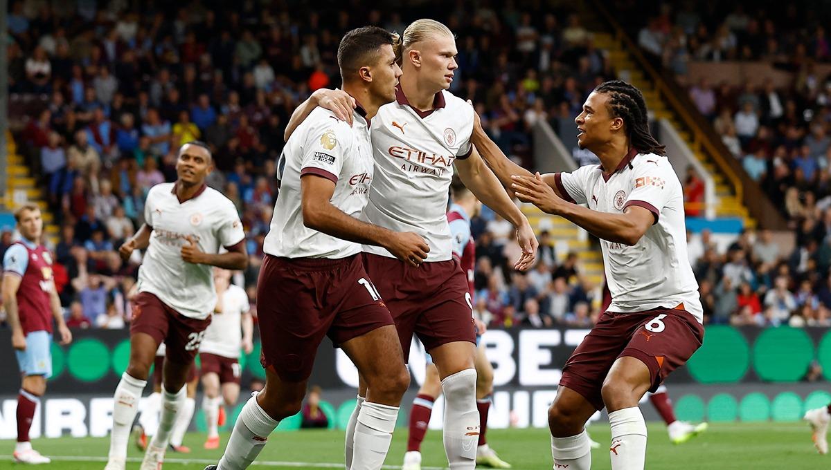 Selebrasi bomber Manchester City, Erling Haaland usai cetak gol ke gawang Burnley, Sabtu (12/08/23) dini hari WIB.