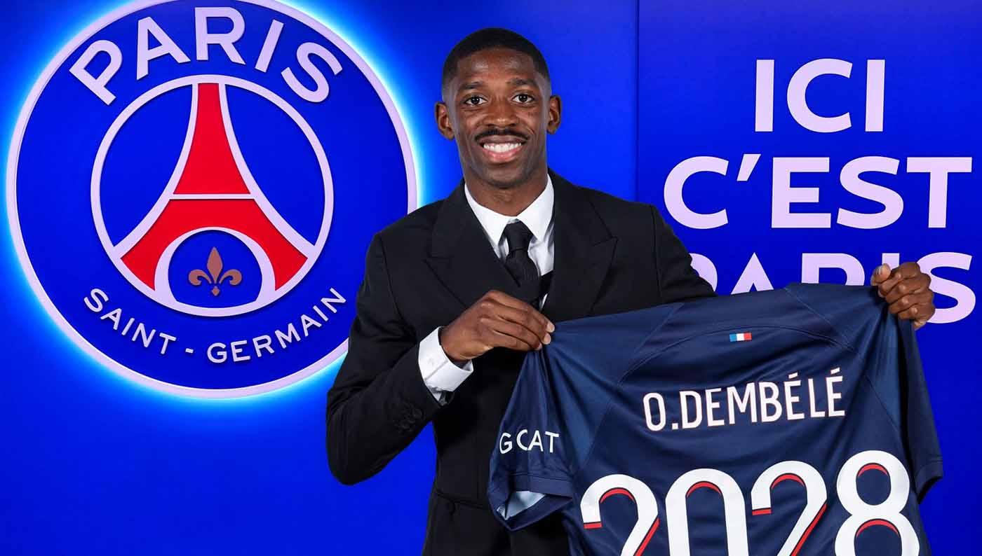 Penyerang Barcelona, Ousmane Dembele, resmi diperkenalkan sebagai pemain baru Paris Saint-Germain pada bursa transfer musim panas ini. (Foto: en.psg.fr)