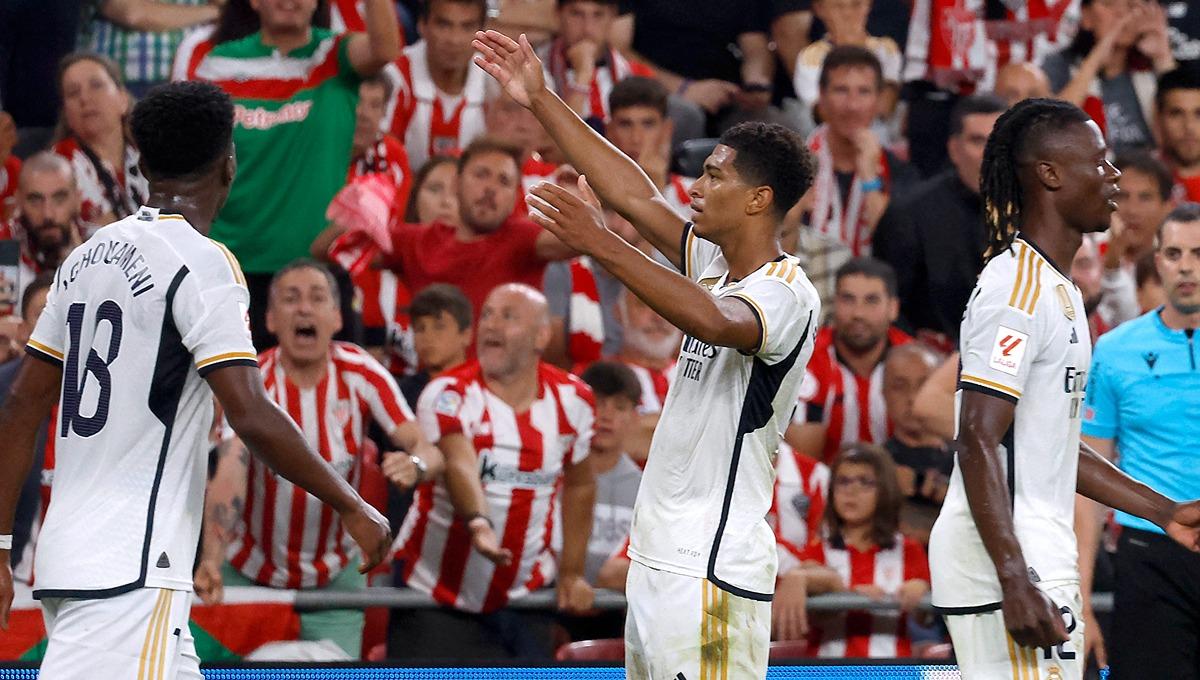 Selebrasi pemain Real Madrid, Jude Bellingham saat mencetak gol ke gawang Athletic Bilbao - INDOSPORT