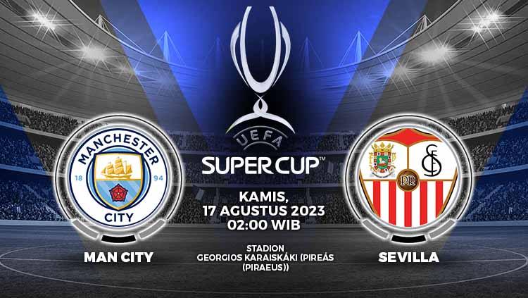 Simak prediksi UEFA Super Cup 2023 antara Manchester City vs Sevilla yang akan dihelat, Kamis (17/08/23) pukul 02.00 WIB di Georgios Karaiskakis.